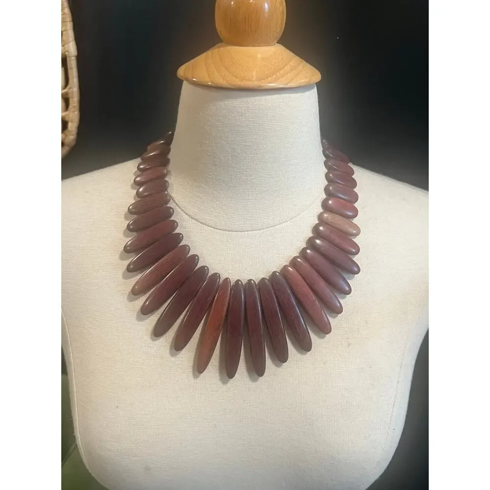 Vintage Style Wood Statement Necklace Burgundy Plum Graduated Fringe Bib Boho